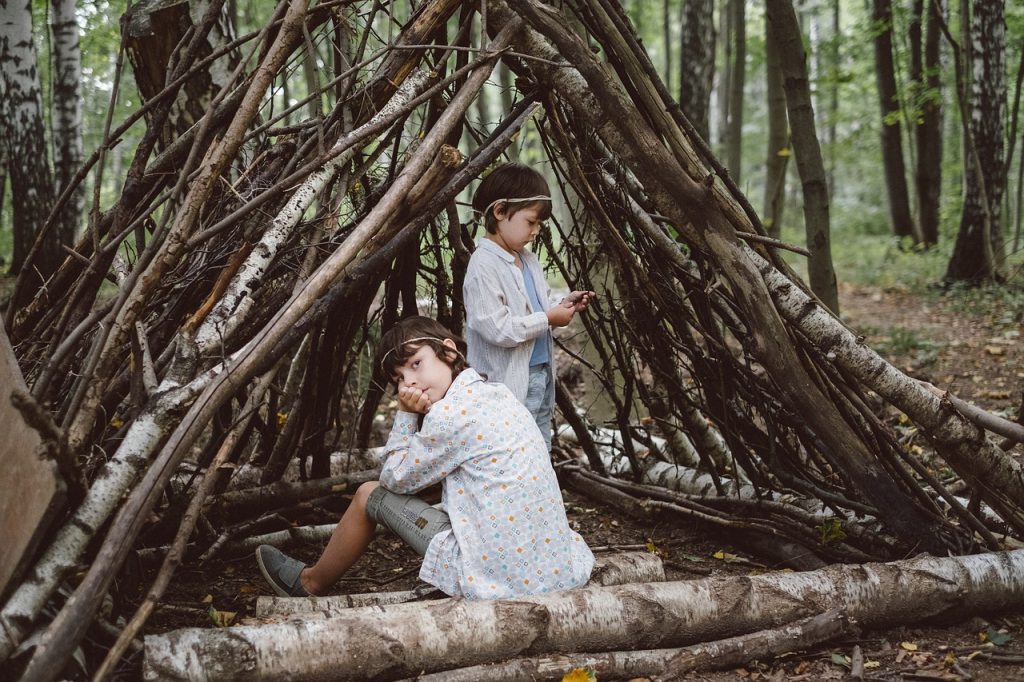 Cette image est l'illustration de deux enfants construisant une cabane en bois