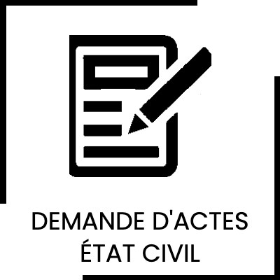 Ce bouton avec le logo d'un formulaire et d'un crayon et contenant les mots demande d'actes état civil, renvoie vers le formulaire de demande d'actes d'état civil de ce site